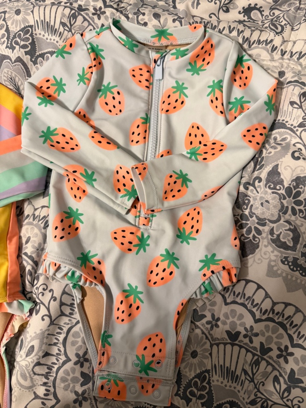 Toddler Long Sleeve One-Piece Swimsuit with Peach Strawberry Print